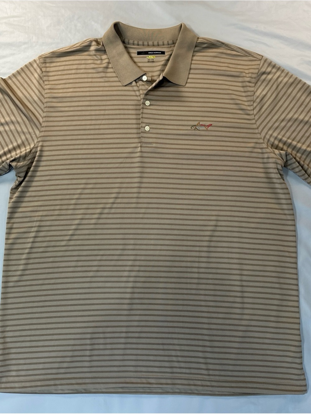 Greg Norman Collection Tan Striped Polo Shirt. Play Dry.